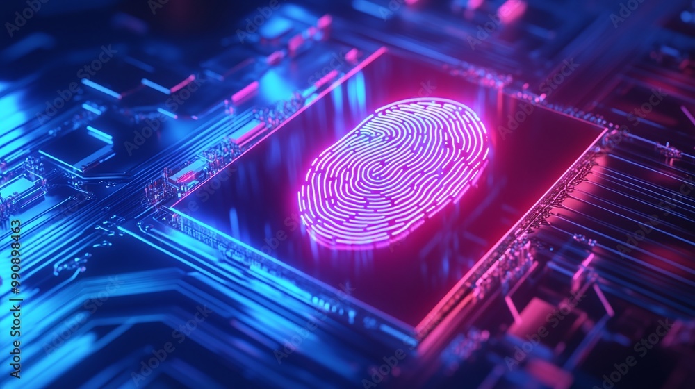 Poster digital fingerprint on a circuit board with neon lighting. digital identity privacy.