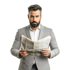 Businessman in gray suit holding newspaper isolated on transparent background