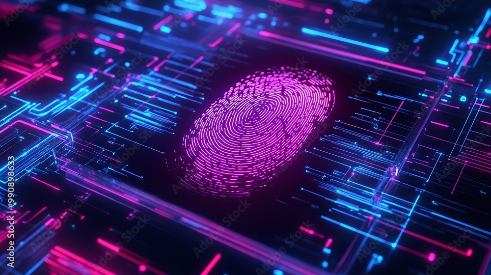 Poster digital fingerprint on a futuristic circuit background. digital identity privacy.