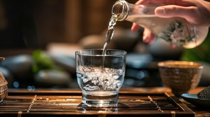Elegant Glass of Premium Sake Being Poured