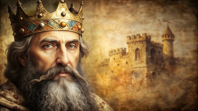 An old king with a crown on his head and a beard with a background of an ancient castle