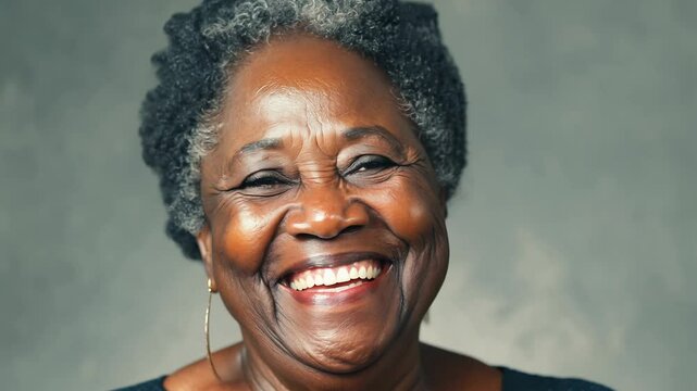 Close-up static video of elderly black woman with kind eyes expressing joy, soft diffused light
