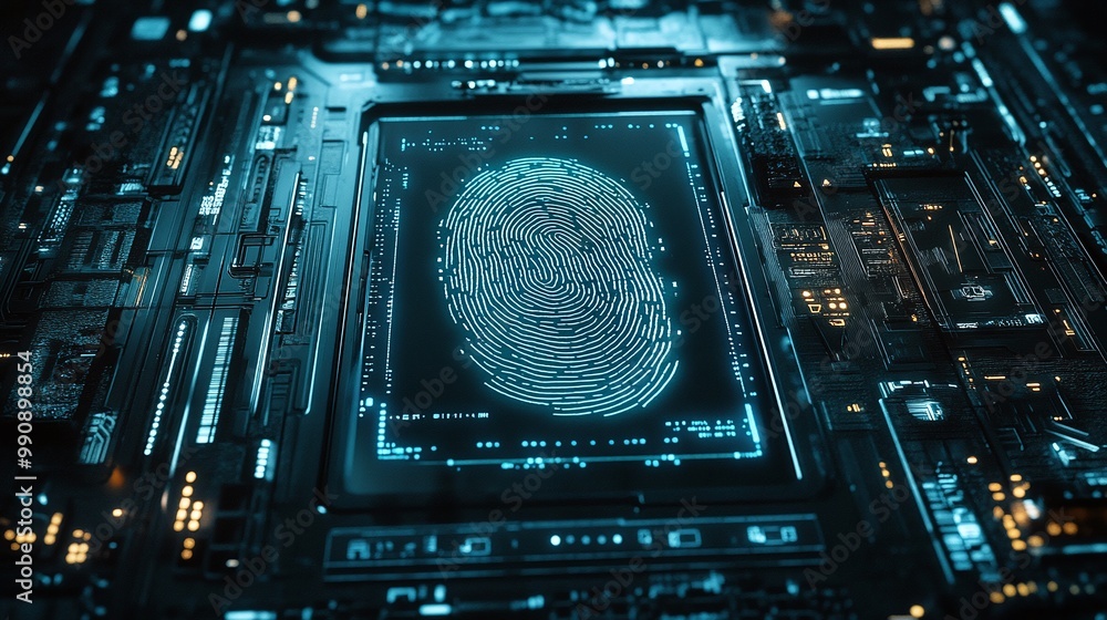 Poster digital fingerprint on a futuristic circuit board background. digital identity privacy.