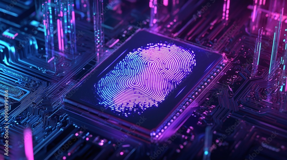 Aufkleber digital fingerprint on a microchip, high-tech background. digital identity privacy.