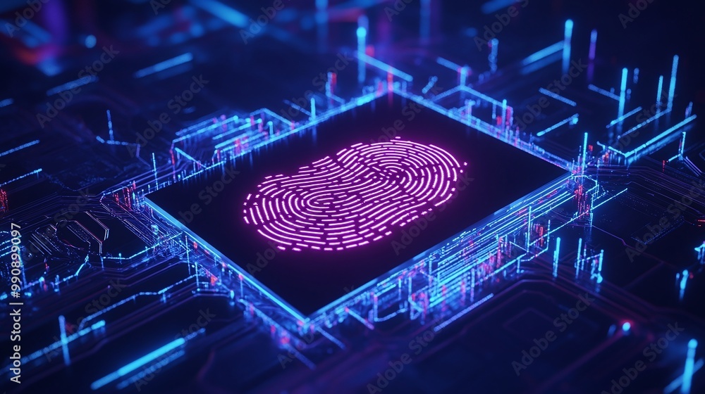 Poster digital fingerprint on a microchip, neon glowing background. digital identity privacy.