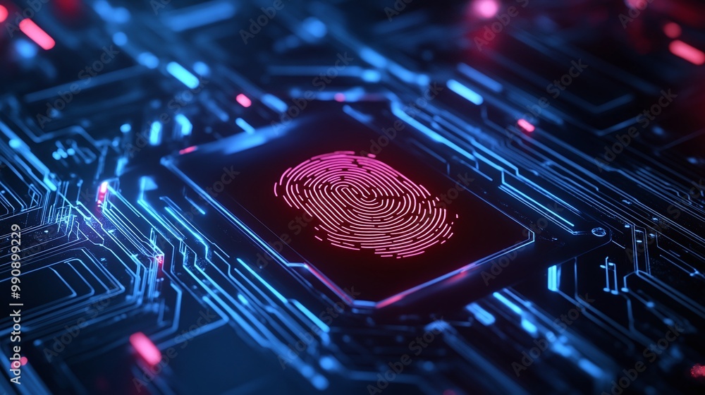 Poster digital fingerprint on a microchip in vibrant circuitry digital identity privacy.