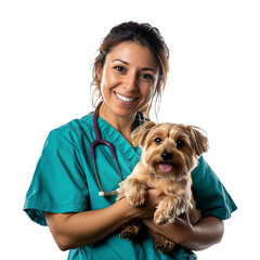 Female veterinarian holding small dog isolated on transparent background