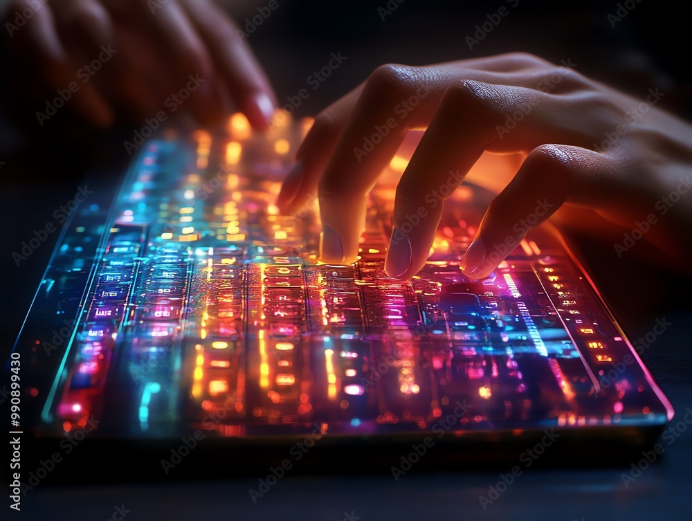 Poster close up of hands typing on a colorful glowing keyboard.
