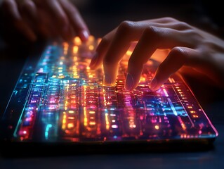 Obraz premium Close up of hands typing on a colorful glowing keyboard.