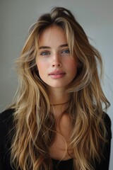 Naklejka premium Natural portrait of a young woman with long, wavy hair and blue eyes, set against a soft, neutral background