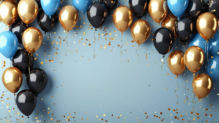 Set of festive bouquets of gold, black balloons isolated on white background. Color glossy flying baloon, ribbon, birthday celebrate, surprise. 3d rendering. Vector illustration