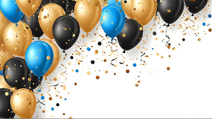 Set of festive bouquets of gold, black balloons isolated on white background. Color glossy flying baloon, ribbon, birthday celebrate, surprise. 3d rendering. Vector illustration