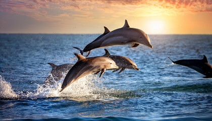 Fototapeta premium A pod of dolphins jumping out of the water in the Pacific Ocean