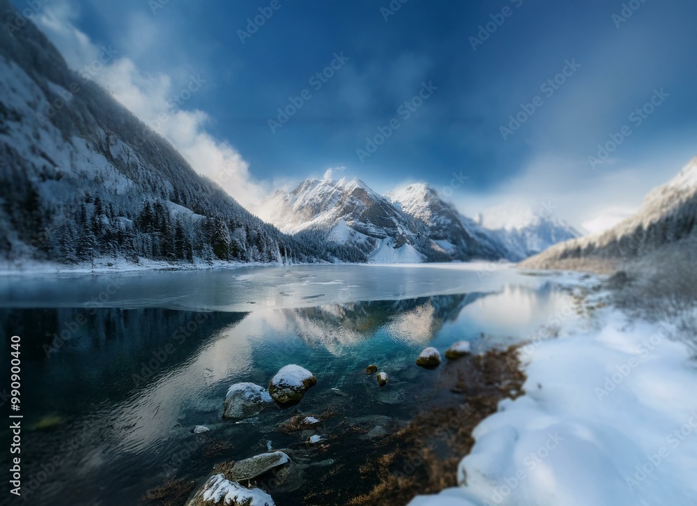 Poster a frozen lake nestled in the snowy peaks of a mountain range reflects a blue sky and wispy clouds.