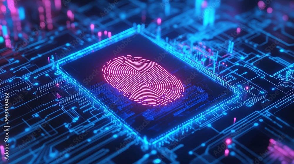 Poster digital fingerprint on microchip with neon lights, white isolate background digital identity privacy