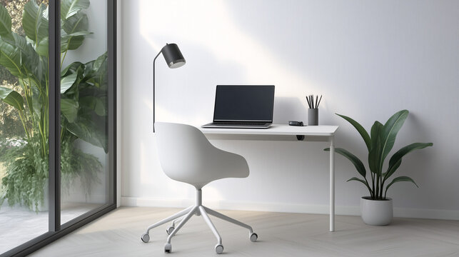 Minimalist office corner with a small white desk, a laptop, a minimalist desk lamp, and a plain white chair, designed for a small space