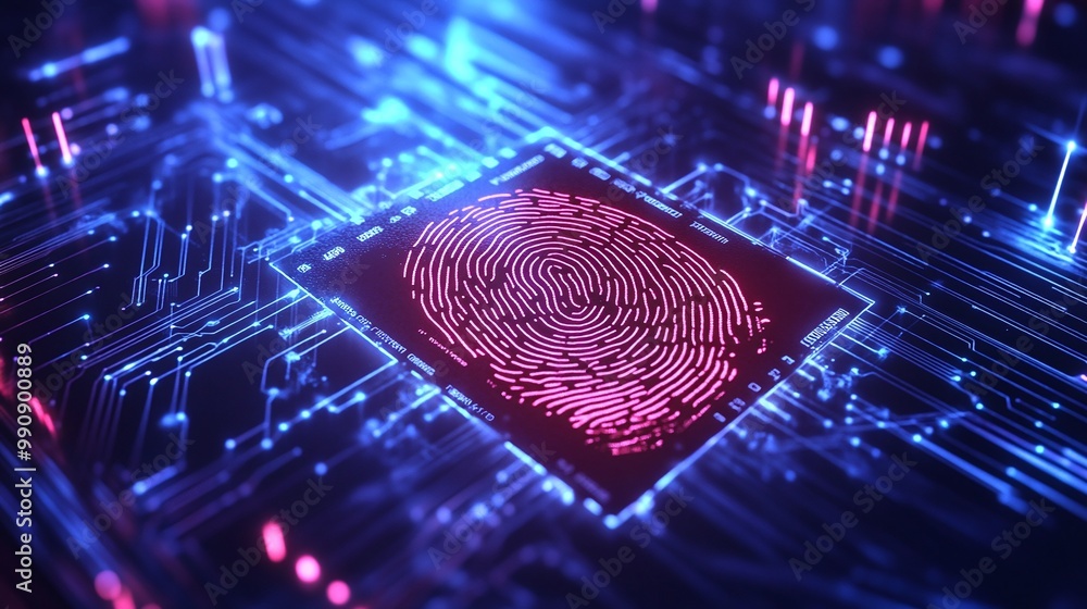 Poster fingerprint on a computer circuit board, abstract technology background digital identity privacy.