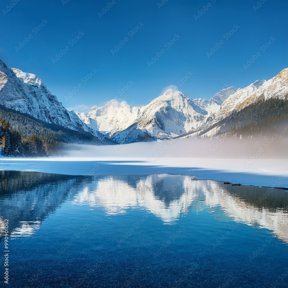 Poster Snowy mountain peaks reflected in a calm, blue lake with a thin layer of ice.
