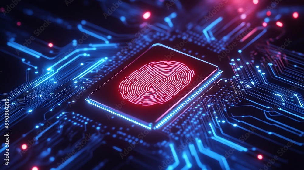 Poster fingerprint on a microchip, glowing circuit board background. digital identity privacy.