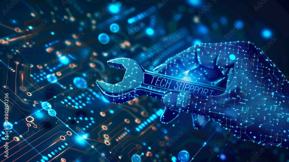 Poster a hand holding a wrench labeled tech support amidst a digital circuit board with glowing nodes and c