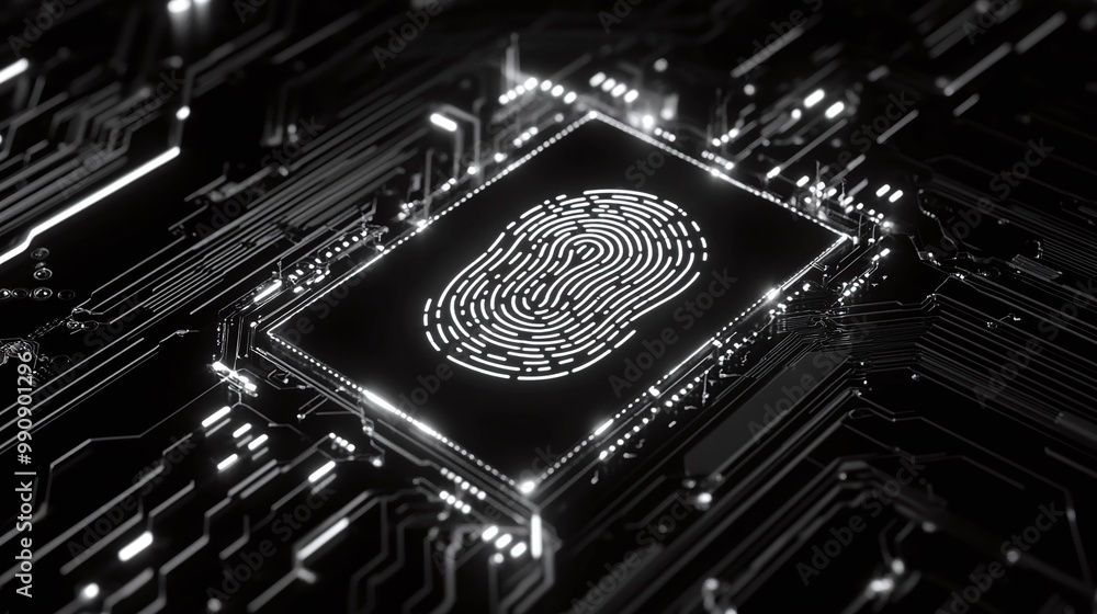 Poster fingerprint on circuit board, black isolate background digital identity privacy.