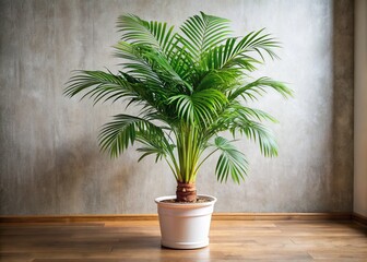 Fototapeta premium A beautifully potted palm tree thrives indoors, sporting lush green foliage and a tall, elegant trunk that brings