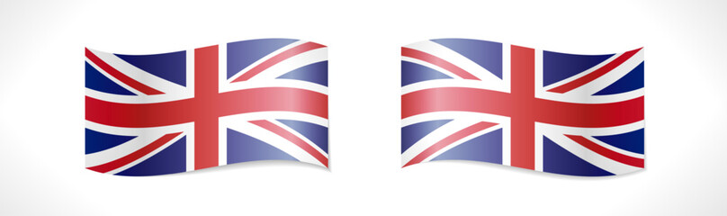 Set of 3D waving flags of the United Kingdom of Great Britain. Isolated design. Badge template. Web icon. Business, sport or tourism concept. T shirt graphic. Set of UK flag symbols. Creative elements