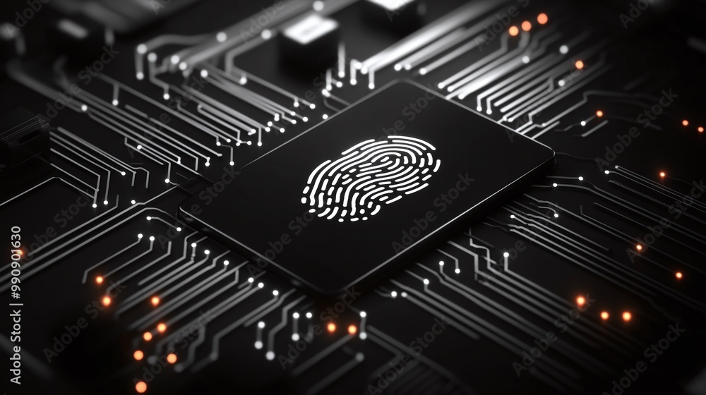 Poster fingerprint on microchip, black isolated background digital identity privacy.