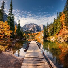 A wooden walkway extends into a calm lake, reflecting the vibrant hues of the surrounding autumn forest and distant mountain peaks.