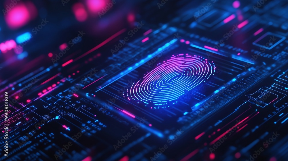 Poster fingerprint recognition on a digital circuit background. digital identity privacy.