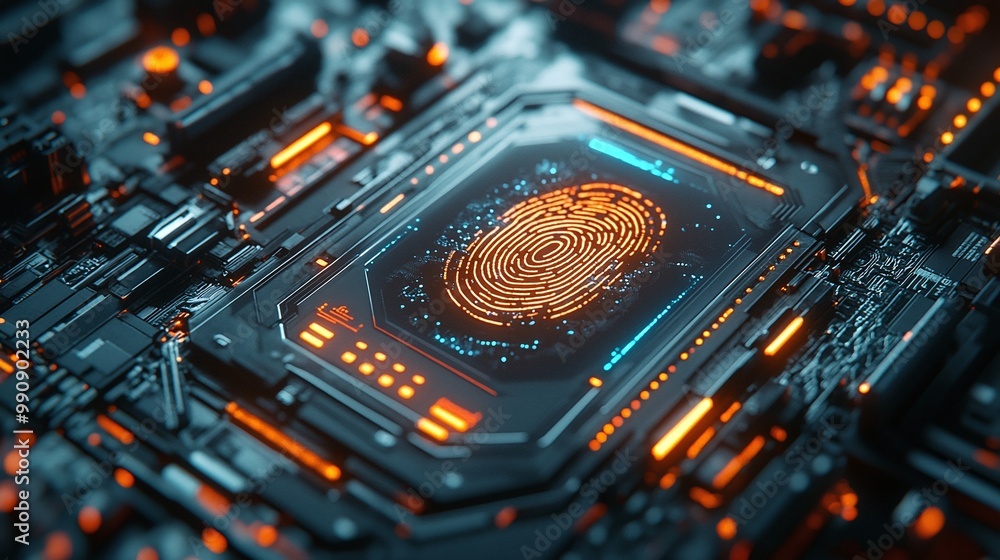 Poster fingerprint scan on futuristic circuit board, digital concept. digital identity privacy.