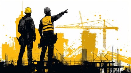 Construction workers overseeing project progress at a building site during daytime, highlighting teamwork and planning in urban development