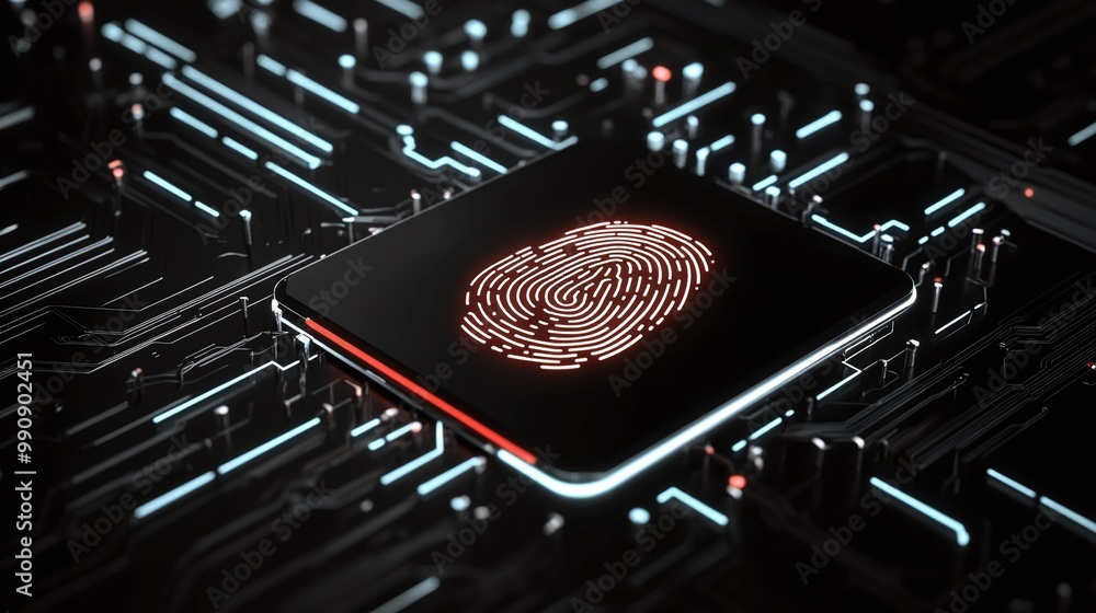 Poster fingerprint scanner on a microchip, black isolate background digital identity privacy.