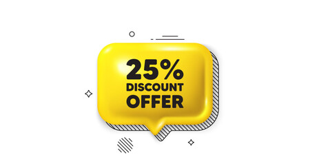 3d speech bubble icon. 25 percent discount. Sale offer price sign. Special offer symbol. Discount chat talk message. Speech bubble banner. Yellow text balloon. Vector