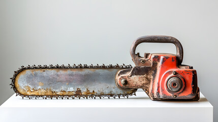 Naklejka premium Vintage chainsaw with sharp teeth and a rusty orange handle isolated on white surface