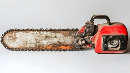 Fototapeta premium Vintage chainsaw with sharp teeth and a rusty orange handle isolated on white surface