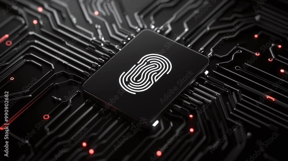 Poster fingerprint sensor on a black circuit board, high-tech design digital identity privacy.