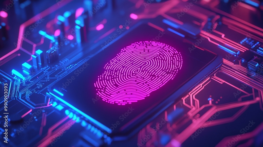 Poster fingerprint sensor on circuit board with neon colors. digital identity privacy.