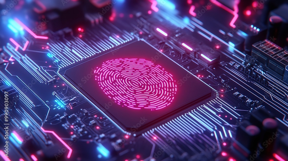 Poster fingerprint sensor on circuit board with neon lights background digital identity privacy.