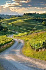 Fototapeta premium A scenic rural road winding through fields of lush green vineyard landscape 