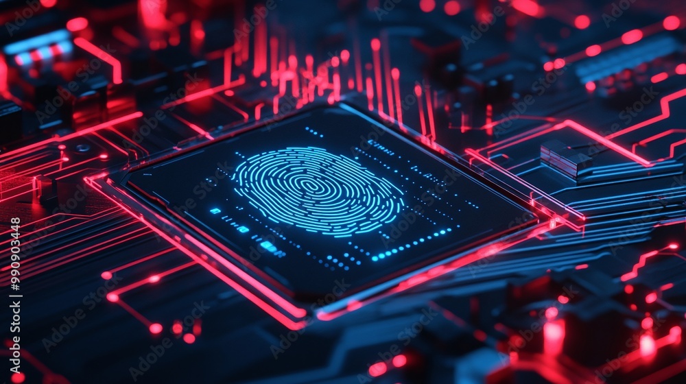 Poster futuristic circuit board with fingerprint graphics, dark background. digital identity privacy.