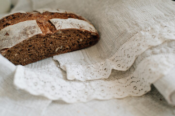 black bread on a linen towel