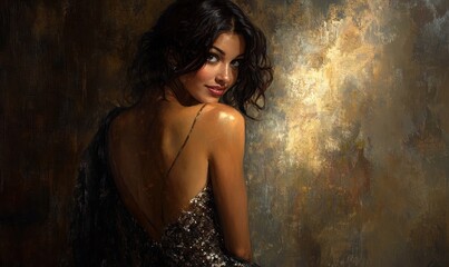 Fototapeta premium Woman in sparkly dress, looking over shoulder.