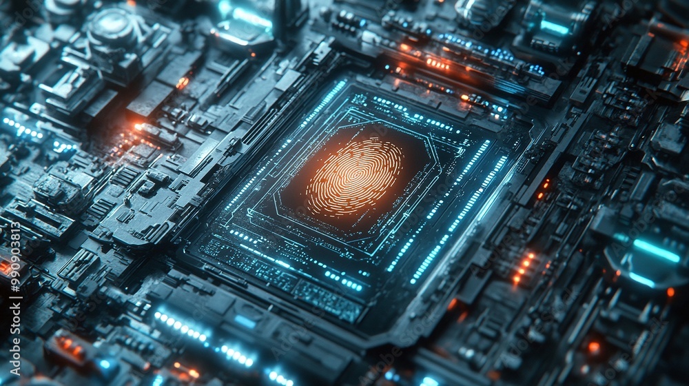 Poster futuristic circuit board with glowing elements, white isolate background digital identity privacy.