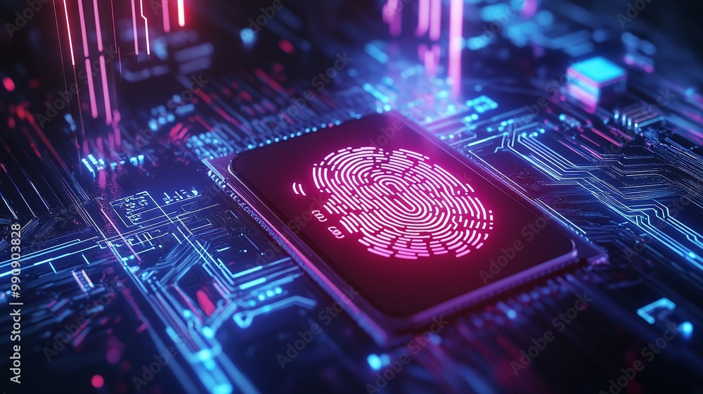 Aufkleber futuristic circuit board with glowing fingerprint and digital elements. digital identity privacy.