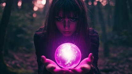 Naklejka premium Mystic Witch with Glowing Crystal Ball in Enchanted Forest