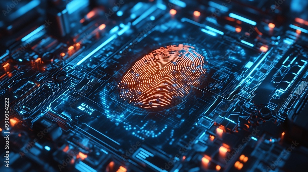 Poster futuristic digital fingerprint on a circuit board. digital identity privacy.