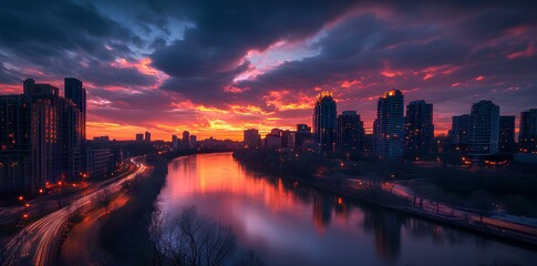 Fototapeta premium A stunning cityscape at sunset, featuring vibrant colors reflecting off a river, flanked by silhouetted buildings against a dramatic sky.