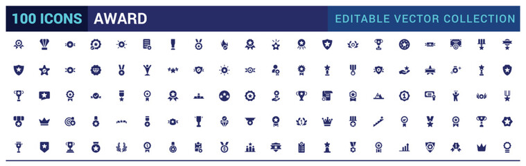Award filled icon set. Winner medal, victory cup and trophy reward. Filled icons set, glyph symbol for web and ui. Solid icon set. Vector illustration.