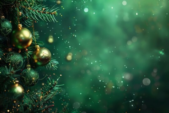 Festive green christmas tree and golden ornaments